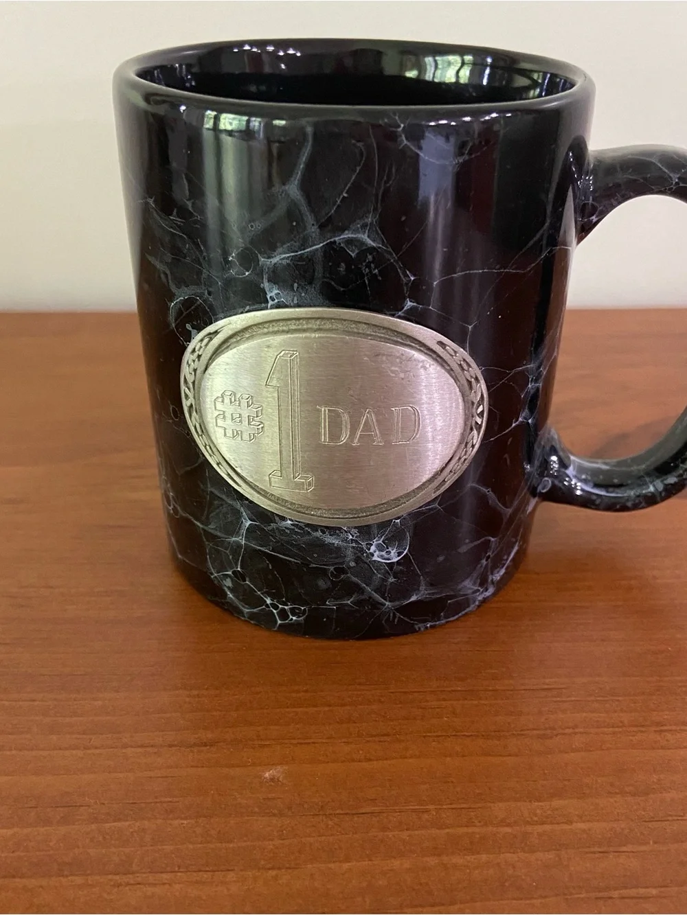 Title  #1 Dad Black Marble Ceramic Coffee Mug Pewter Look Emblem